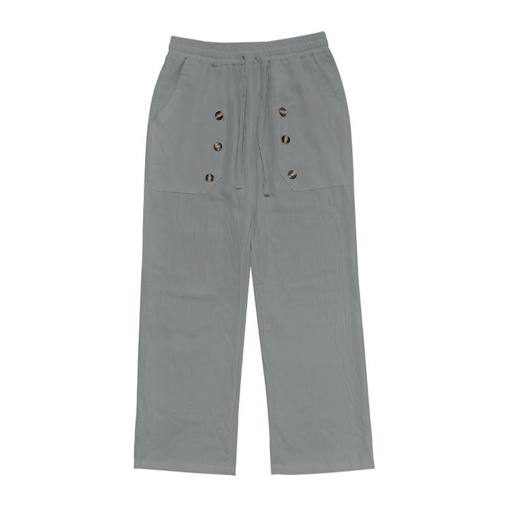 Buddha Stones Lässige, einfarbige Baumwollhose mit Knöpfen und Taschen für Herren - image 26