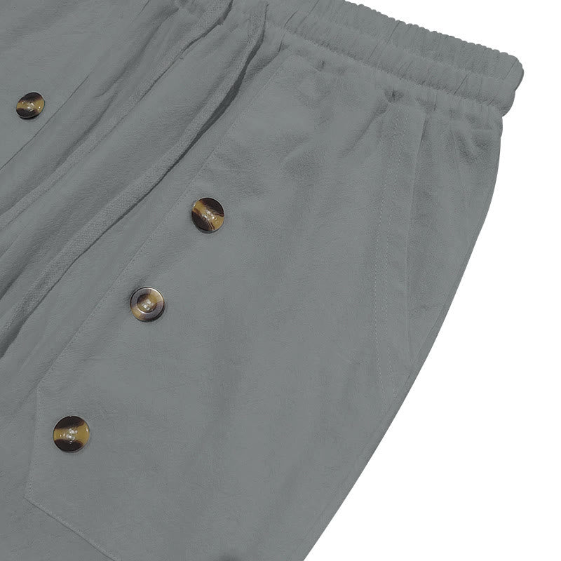 Buddha Stones Lässige, einfarbige Baumwollhose mit Knöpfen und Taschen für Herren - image 28