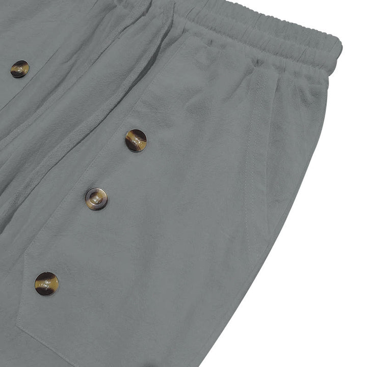 Buddha Stones Lässige, einfarbige Baumwollhose mit Knöpfen und Taschen für Herren - image 28