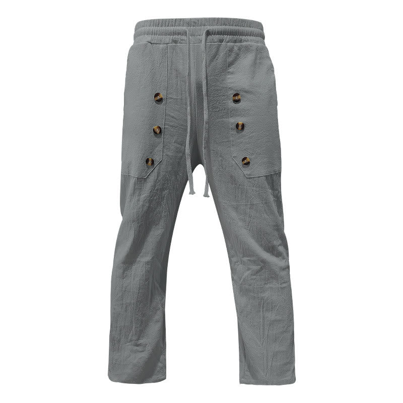 Buddha Stones Lässige, einfarbige Baumwollhose mit Knöpfen und Taschen für Herren - image 31