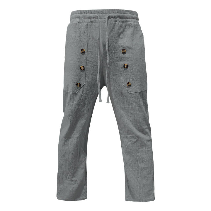 Buddha Stones Lässige, einfarbige Baumwollhose mit Knöpfen und Taschen für Herren - image 31