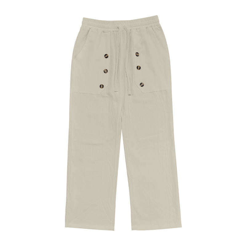 Buddha Stones Lässige, einfarbige Baumwollhose mit Knöpfen und Taschen für Herren - image 34
