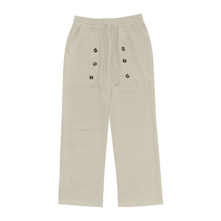 Buddha Stones Lässige, einfarbige Baumwollhose mit Knöpfen und Taschen für Herren - image 34