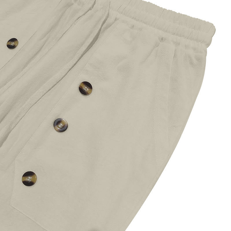 Buddha Stones Lässige, einfarbige Baumwollhose mit Knöpfen und Taschen für Herren - image 21