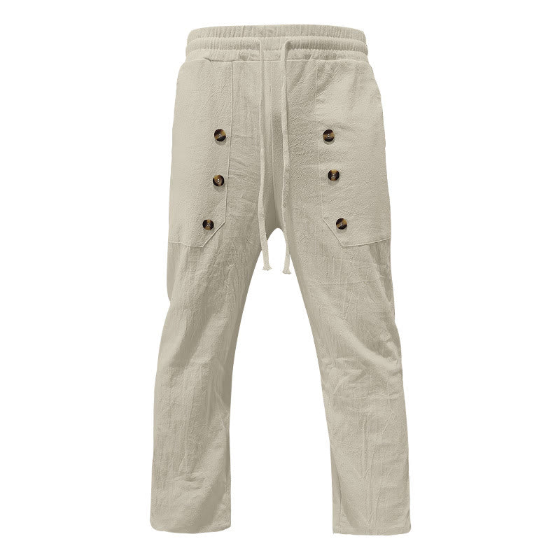 Buddha Stones Lässige, einfarbige Baumwollhose mit Knöpfen und Taschen für Herren - image 38