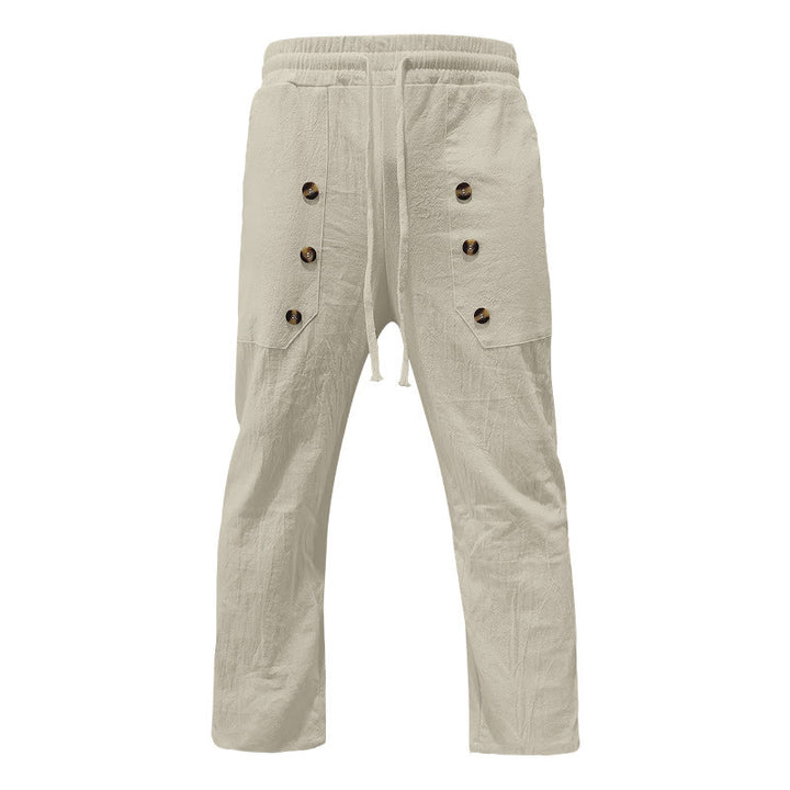 Buddha Stones Lässige, einfarbige Baumwollhose mit Knöpfen und Taschen für Herren - image 38