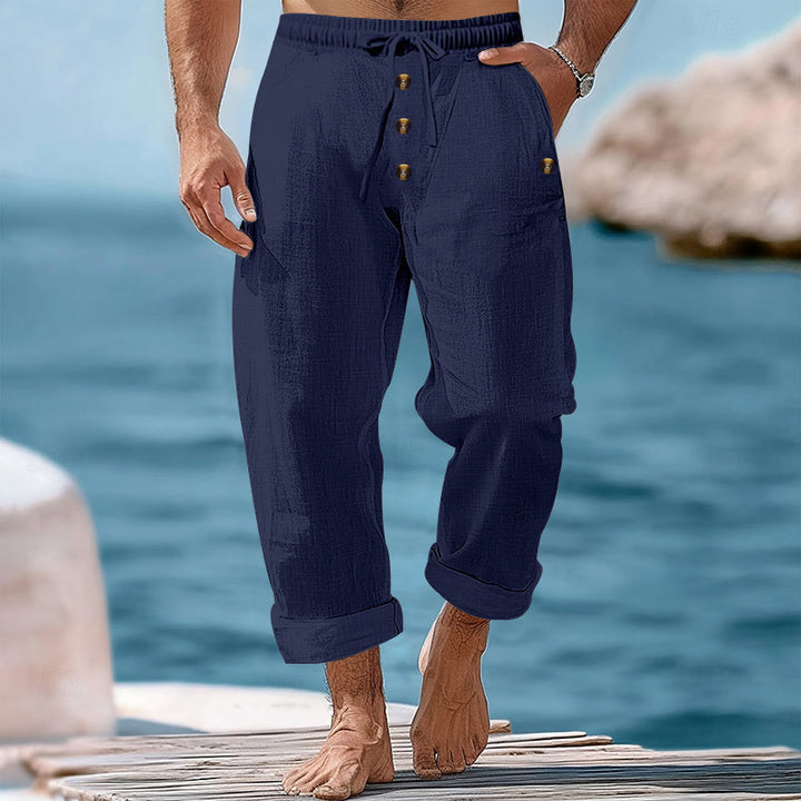 Buddha Stones Einfarbige Knöpfe Kordelzug Herren Baumwollhose mit Taschen - Stahlblau - US/ UK/AU46，EU56 (3XL) - image 1