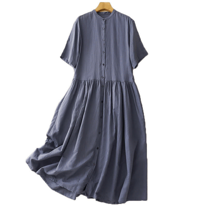 Buddha Stones Commute – Kurzärmliges Midikleid aus Baumwolle und Leinen mit Knöpfen in reinen Farben und Taschen - image 8