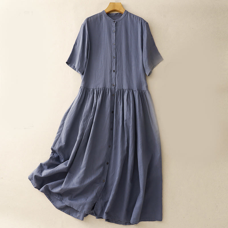 Buddha Stones Commute – Kurzärmliges Midikleid aus Baumwolle und Leinen mit Knöpfen in reinen Farben und Taschen - HellSchiefergrau - US8-10， UK/AU12-14，EU40-42 (2XL) - image 1