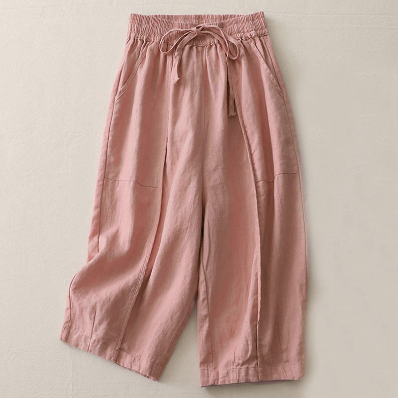 Buddha Stones Lässige, einfarbige Patchwork-Hose aus Polyester für Damen, Länge 7–8, weites Bein, mit Taschen