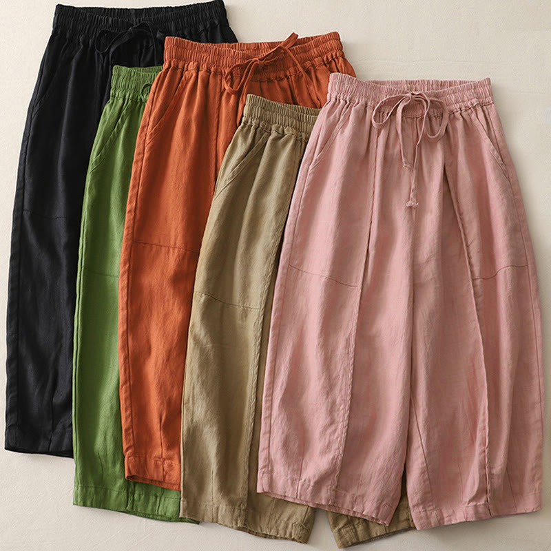 Buddha Stones Lässige, einfarbige Patchwork-Hose aus Polyester für Damen, Länge 7–8, weites Bein, mit Taschen