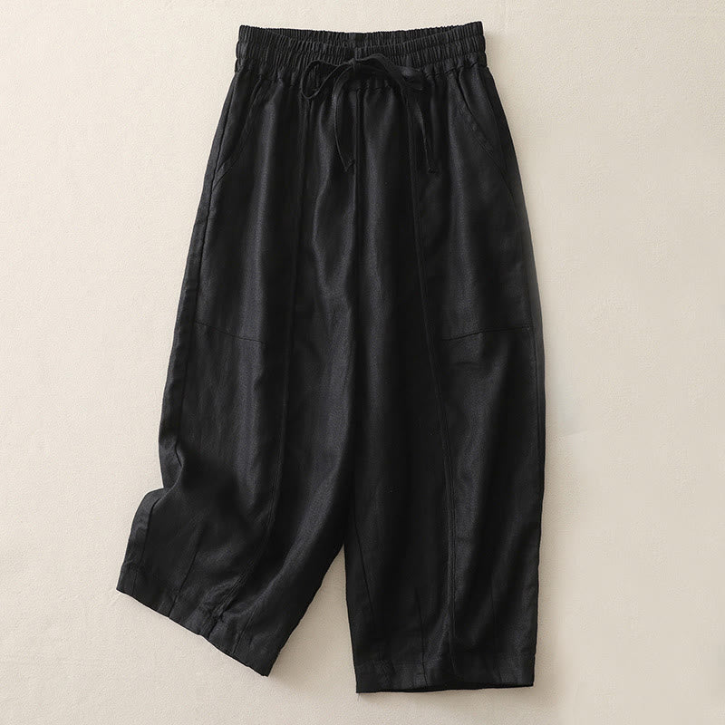 Buddha Stones Lässige, einfarbige Patchwork-Hose aus Polyester für Damen, Länge 7–8, weites Bein, mit Taschen