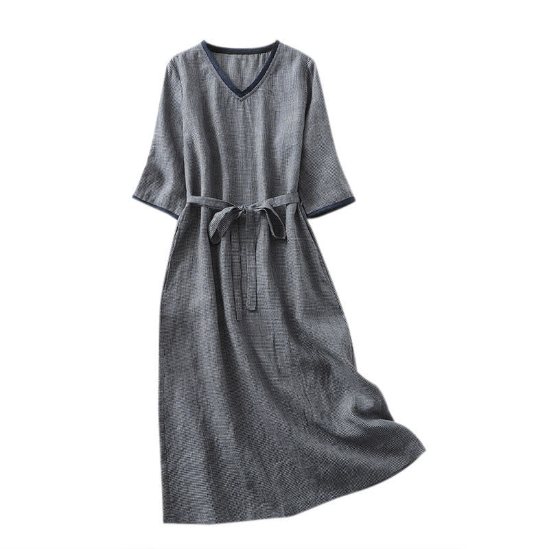 Buddha Stones Commute MidnightBlue – Geschnürtes Midikleid aus Baumwollleinen mit halblangen Ärmeln und Taschen - image 13