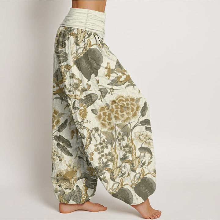 Buddha Stones Damen-Haremshose aus reiner Baumwolle mit Lotusblatt-Pfingstrosen-Muster und elastischer Taille