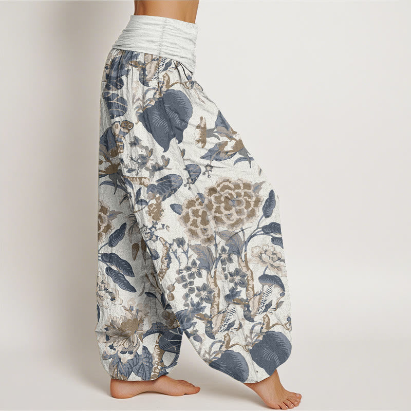 Buddha Stones Damen-Haremshose aus reiner Baumwolle mit Lotusblatt-Pfingstrosen-Muster und elastischer Taille
