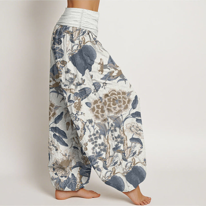 Buddha Stones Damen-Haremshose aus reiner Baumwolle mit Lotusblatt-Pfingstrosen-Muster und elastischer Taille