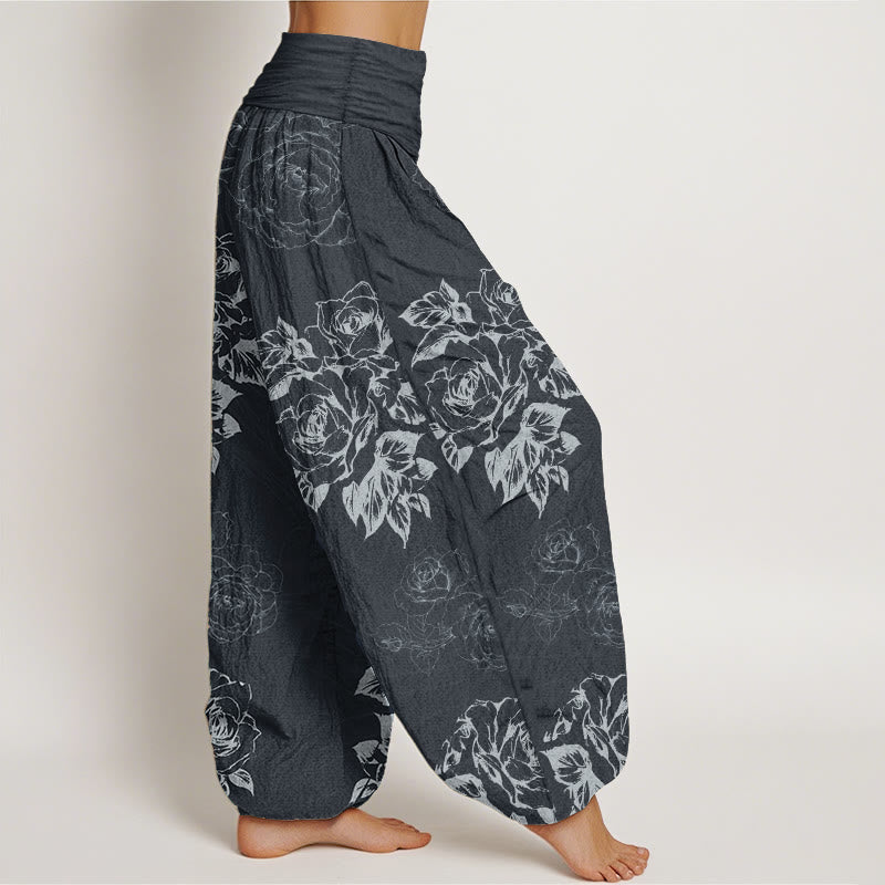 Buddha Stones Damen Haremshose aus reiner Baumwolle mit Rosen- und Pfingstrosen-Blumenmuster und elastischer Taille