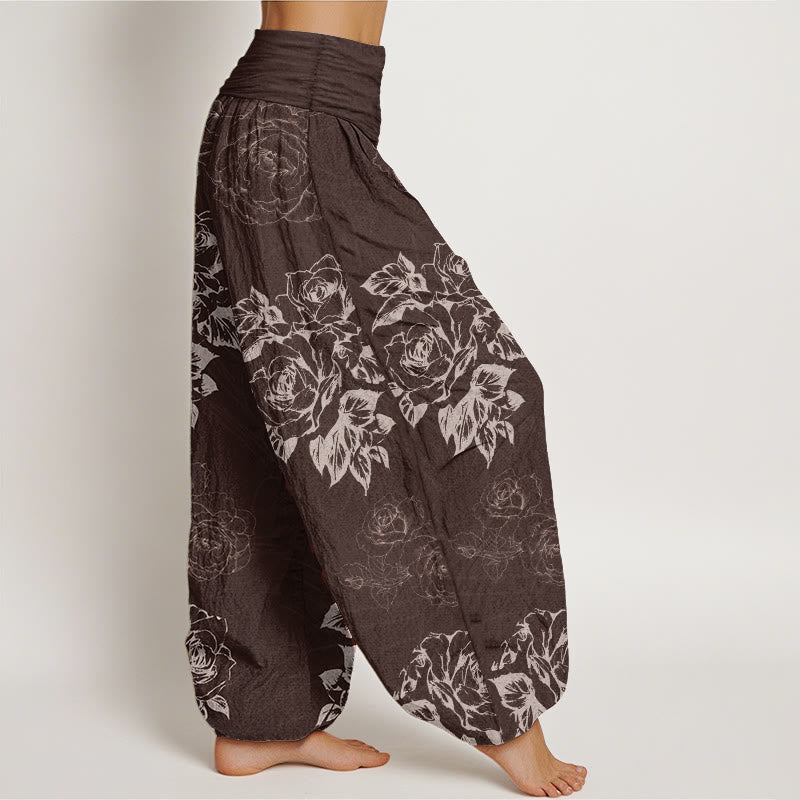 Buddha Stones Damen Haremshose aus reiner Baumwolle mit Rosen- und Pfingstrosen-Blumenmuster und elastischer Taille