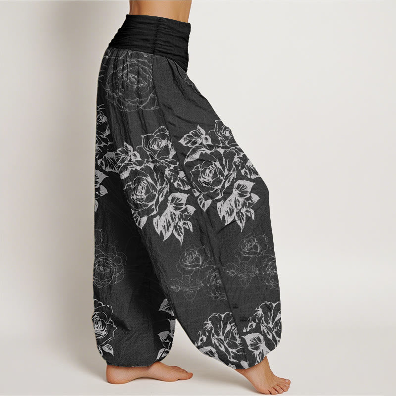 Buddha Stones Damen Haremshose aus reiner Baumwolle mit Rosen- und Pfingstrosen-Blumenmuster und elastischer Taille