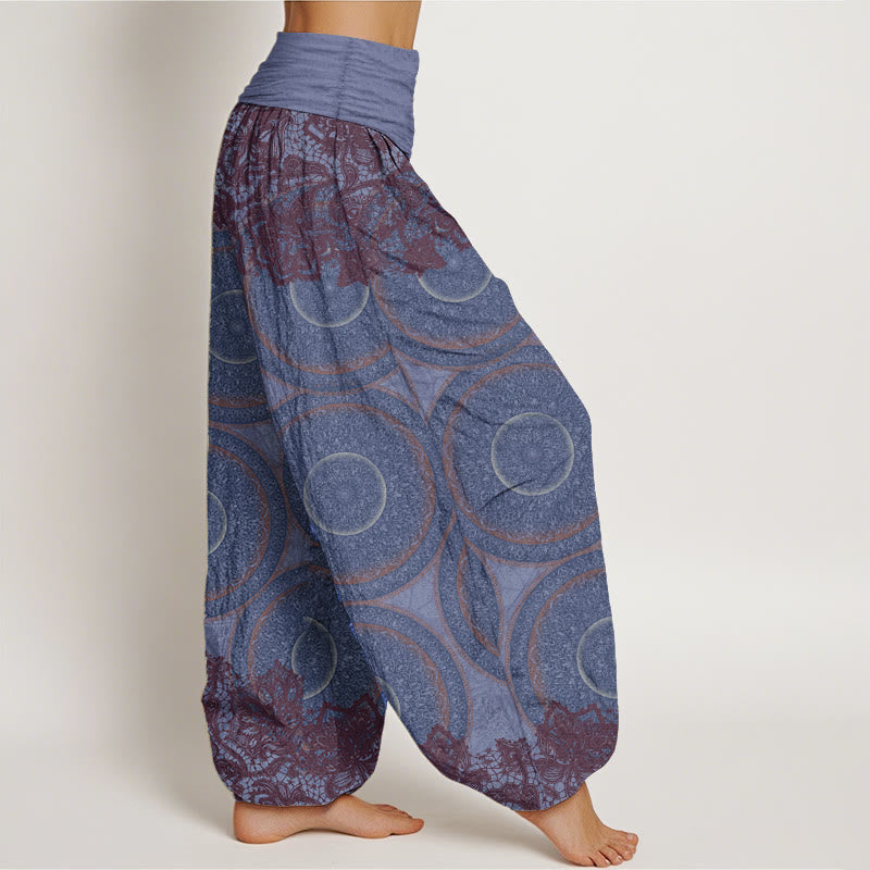 Buddha Stones Damen Haremshose aus reiner Baumwolle mit Blumen-Kompass-Design und elastischer Taille