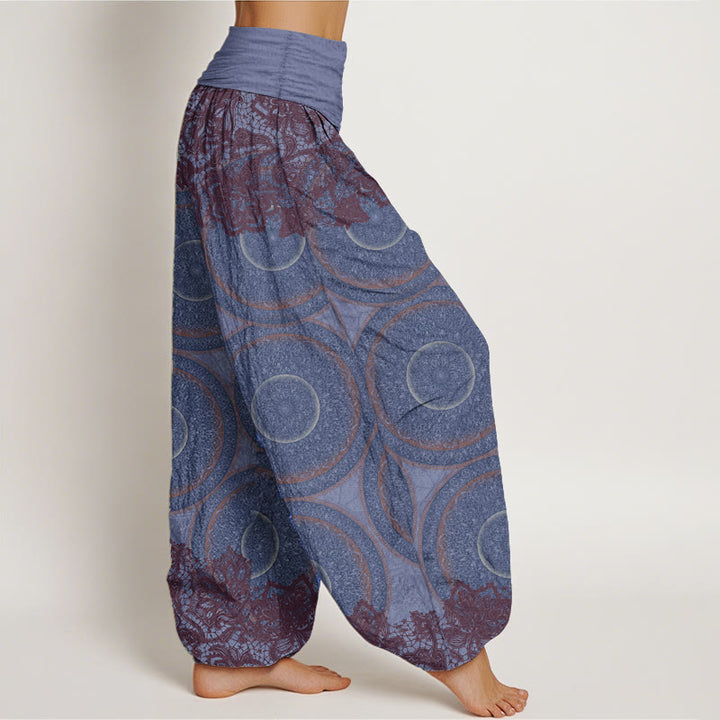 Buddha Stones Damen Haremshose aus reiner Baumwolle mit Blumen-Kompass-Design und elastischer Taille