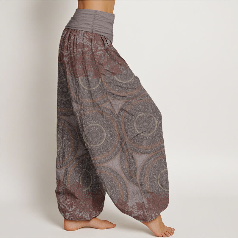 Buddha Stones Damen Haremshose aus reiner Baumwolle mit Blumen-Kompass-Design und elastischer Taille
