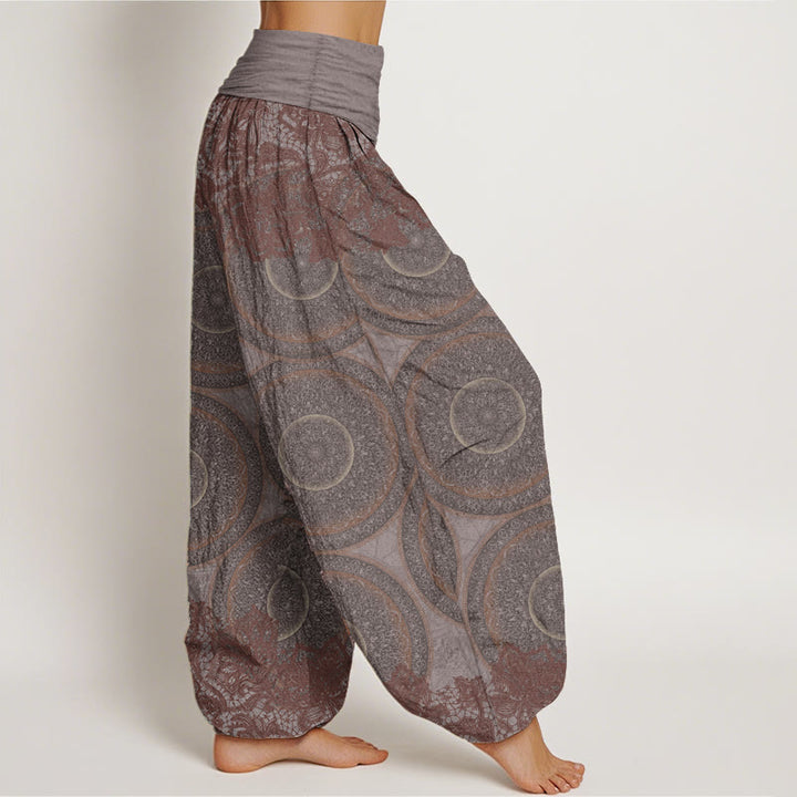 Buddha Stones Damen Haremshose aus reiner Baumwolle mit Blumen-Kompass-Design und elastischer Taille