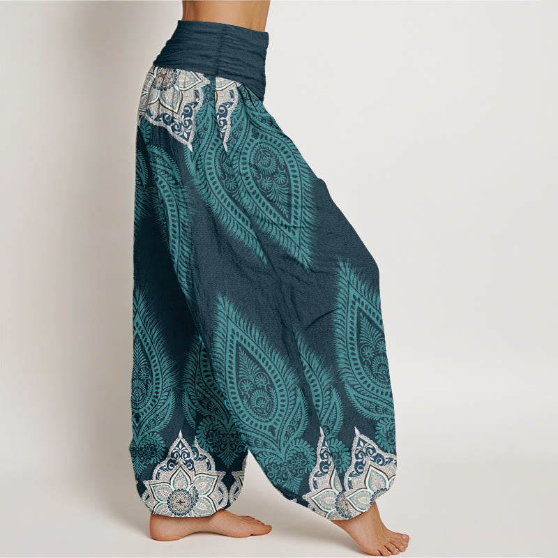 Buddha Stones Damen-Haremshose aus reiner Baumwolle mit Feder- und Blumen-Design und elastischer Taille