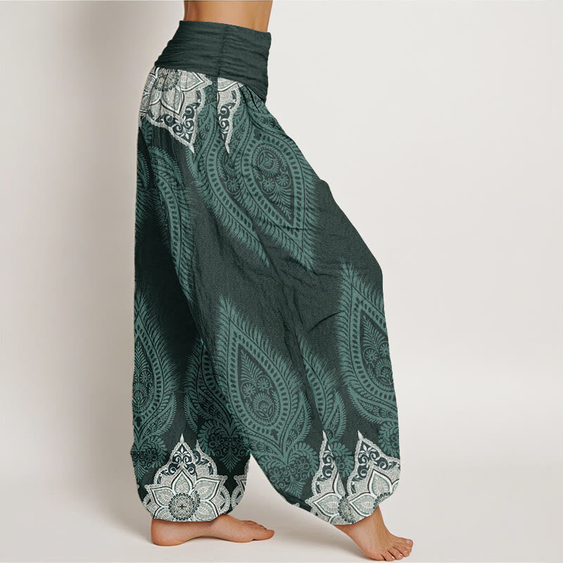 Buddha Stones Damen-Haremshose aus reiner Baumwolle mit Feder- und Blumen-Design und elastischer Taille