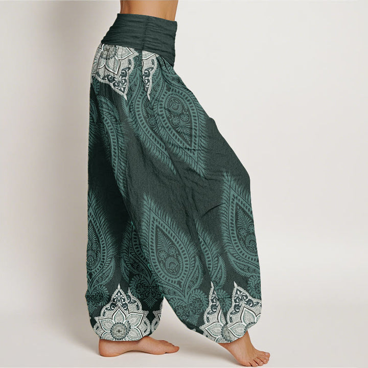 Buddha Stones Damen-Haremshose aus reiner Baumwolle mit Feder- und Blumen-Design und elastischer Taille