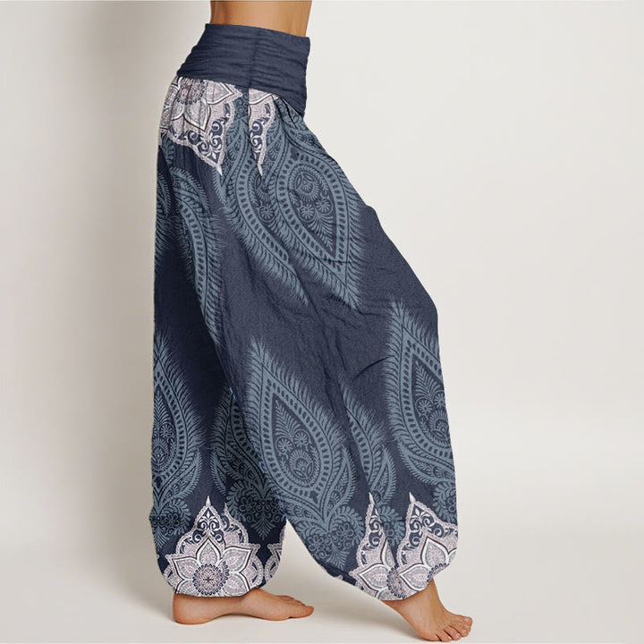 Buddha Stones Damen-Haremshose aus reiner Baumwolle mit Feder- und Blumen-Design und elastischer Taille