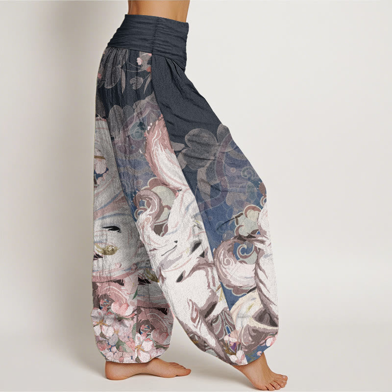 Buddha Stones Damen-Haremshose aus reiner Baumwolle mit Fuchs-Kirschblüten und elastischer Taille