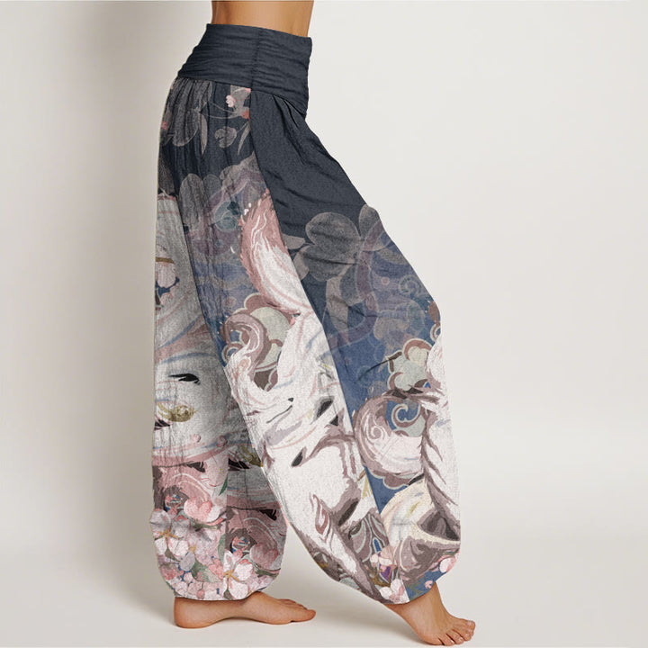 Buddha Stones Damen-Haremshose aus reiner Baumwolle mit Fuchs-Kirschblüten und elastischer Taille