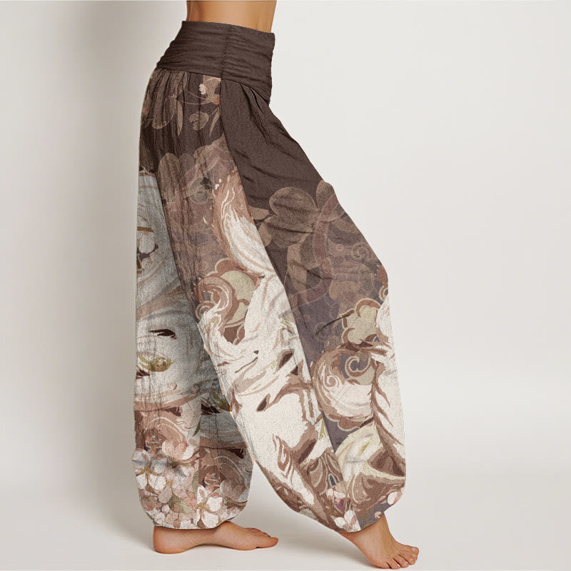 Buddha Stones Damen-Haremshose aus reiner Baumwolle mit Fuchs-Kirschblüten und elastischer Taille