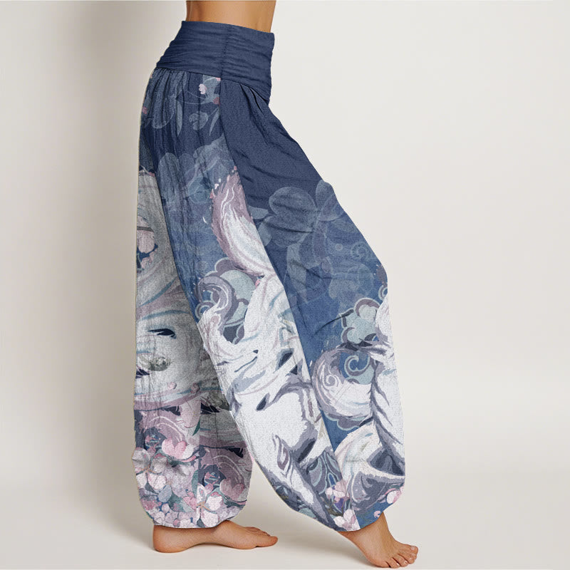 Buddha Stones Damen-Haremshose aus reiner Baumwolle mit Fuchs-Kirschblüten und elastischer Taille