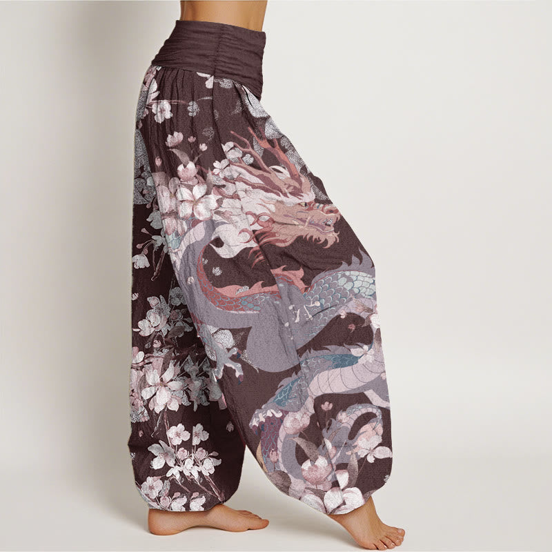 Buddha Stones Damen-Haremshose aus reiner Baumwolle mit elastischer Taille und Drachen-Kirschblüten