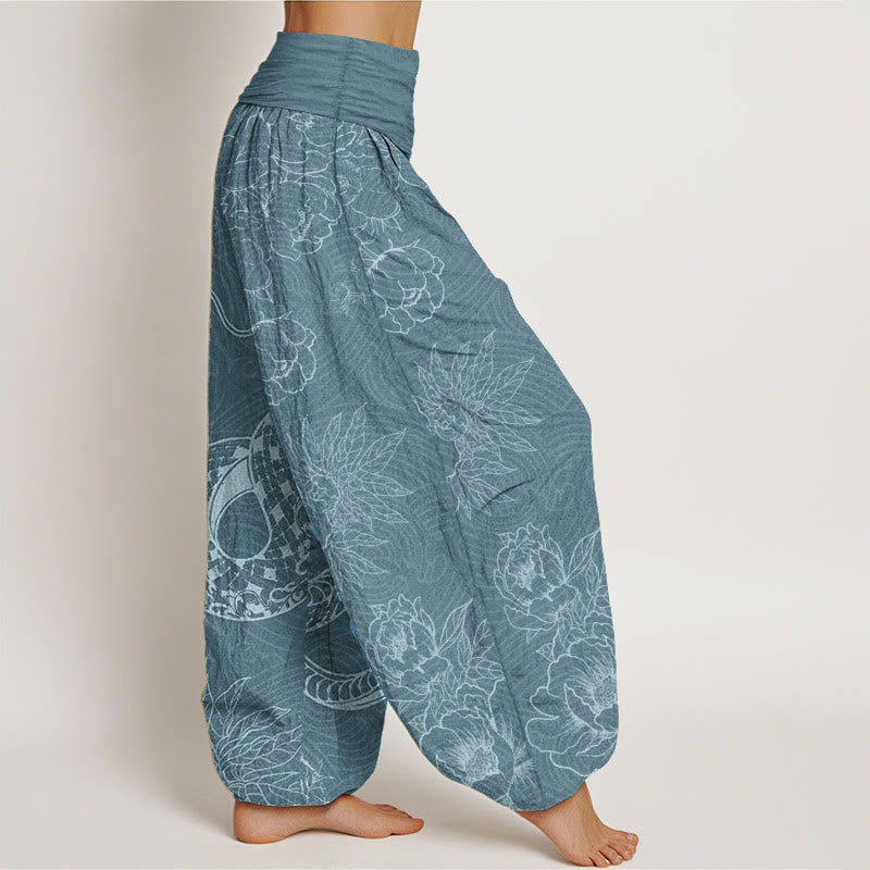 Buddha Stones Damen Haremshose aus reiner Baumwolle mit Schlangen-Lotus-Motiv, elastische Taille