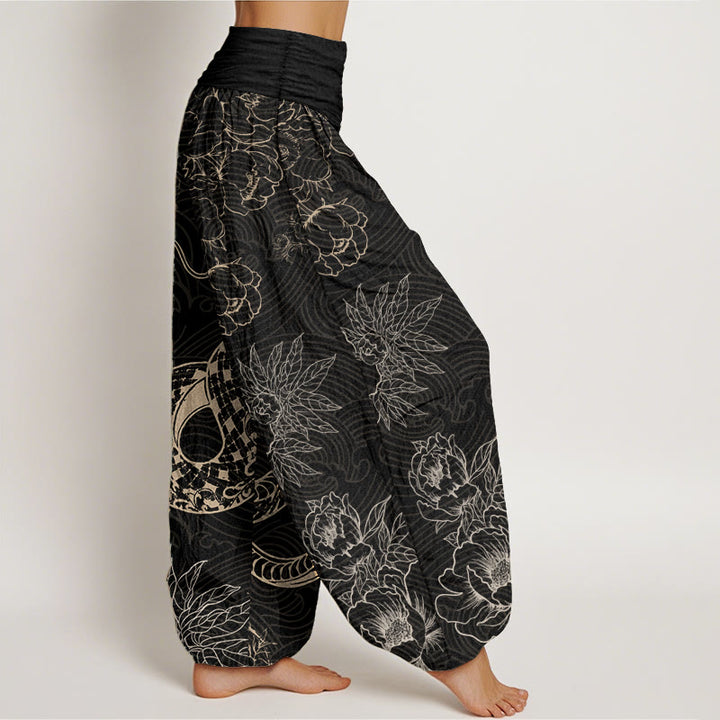 Buddha Stones Damen Haremshose aus reiner Baumwolle mit Schlangen-Lotus-Motiv, elastische Taille