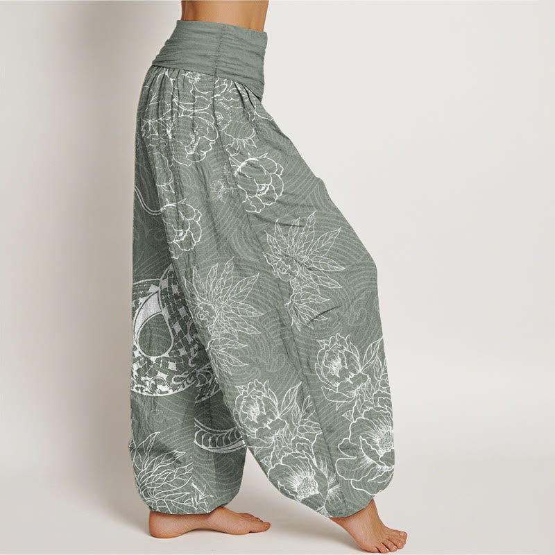 Buddha Stones Damen Haremshose aus reiner Baumwolle mit Schlangen-Lotus-Motiv, elastische Taille