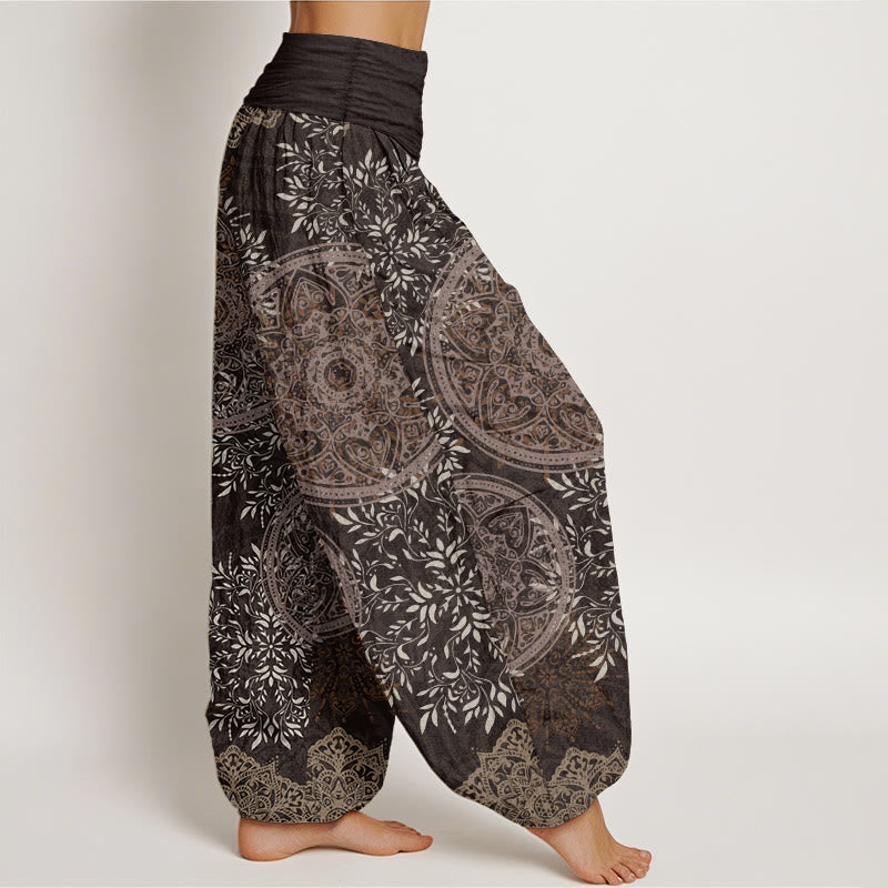 Buddha Stones Damen-Haremshose aus reiner Baumwolle mit Mandala-Muster und Blättern und elastischer Taille