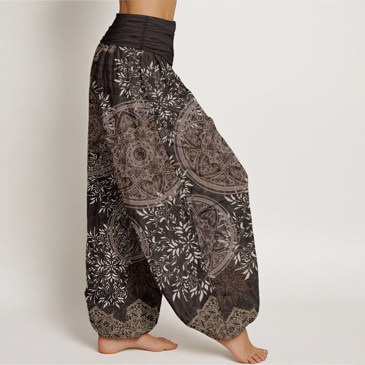 Buddha Stones Damen-Haremshose aus reiner Baumwolle mit Mandala-Muster und Blättern und elastischer Taille
