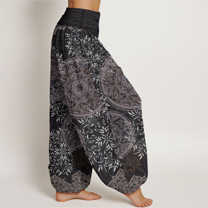 Buddha Stones Damen-Haremshose aus reiner Baumwolle mit Mandala-Muster und Blättern und elastischer Taille