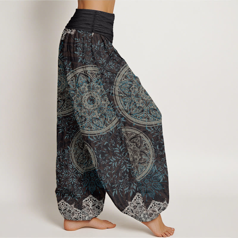 Buddha Stones Damen-Haremshose aus reiner Baumwolle mit Mandala-Muster und Blättern und elastischer Taille