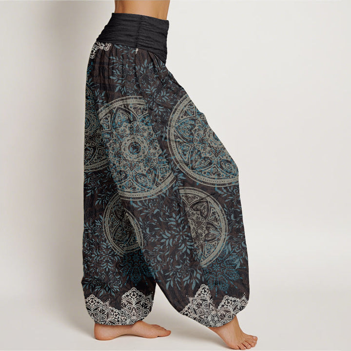 Buddha Stones Damen-Haremshose aus reiner Baumwolle mit Mandala-Muster und Blättern und elastischer Taille