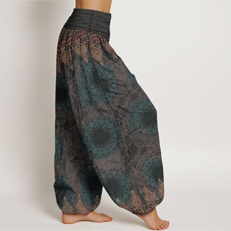 Buddha Stones Haremshose aus reiner Baumwolle mit dreieckigem Mandala-Muster für Damen, elastische Taille