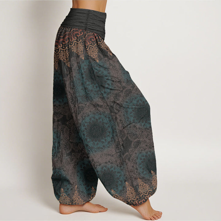 Buddha Stones Haremshose aus reiner Baumwolle mit dreieckigem Mandala-Muster für Damen, elastische Taille