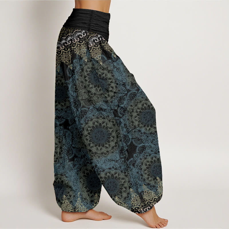 Buddha Stones Haremshose aus reiner Baumwolle mit dreieckigem Mandala-Muster für Damen, elastische Taille
