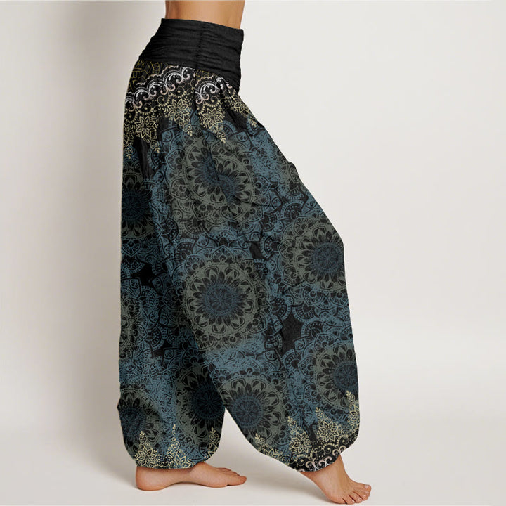 Buddha Stones Haremshose aus reiner Baumwolle mit dreieckigem Mandala-Muster für Damen, elastische Taille