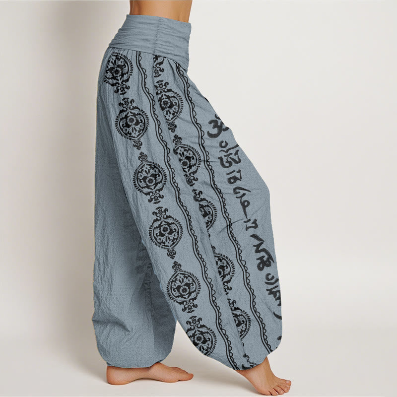 Buddha Stones Damen-Haremshose aus reiner Baumwolle mit Mandala-Motiv „Om Mani Padme Hum“ und elastischer Taille