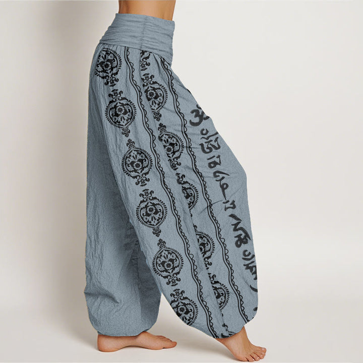 Buddha Stones Damen-Haremshose aus reiner Baumwolle mit Mandala-Motiv „Om Mani Padme Hum“ und elastischer Taille